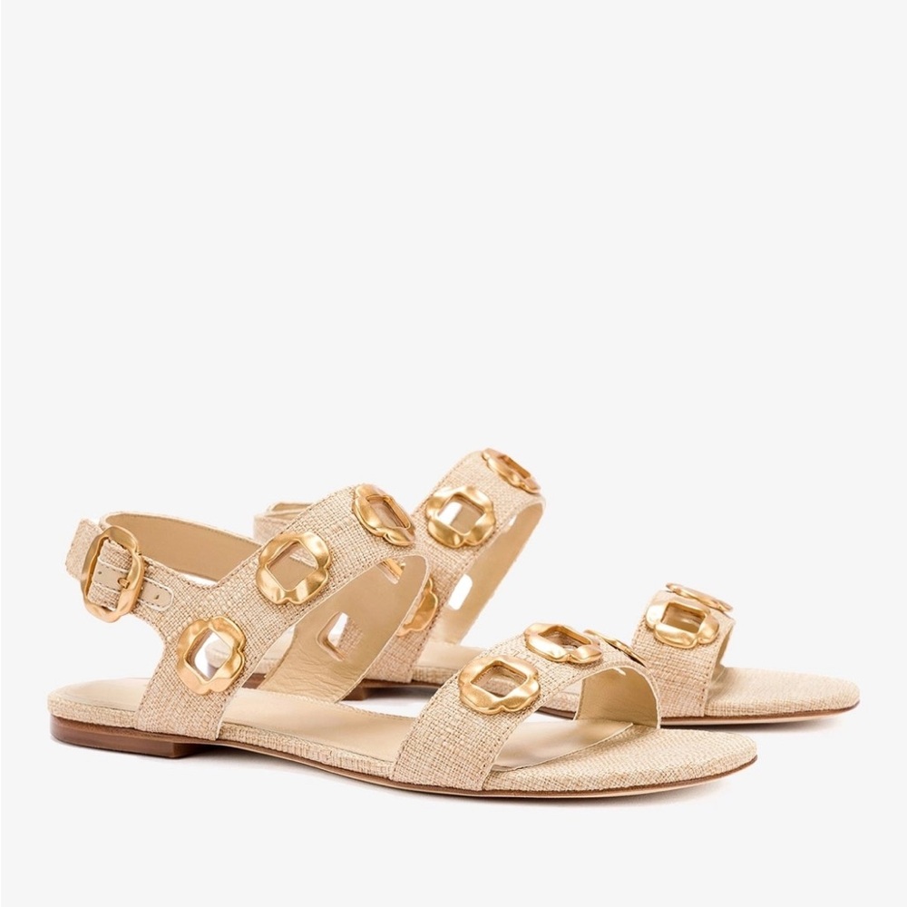 Larroude Beige Raffia Milan Sandals